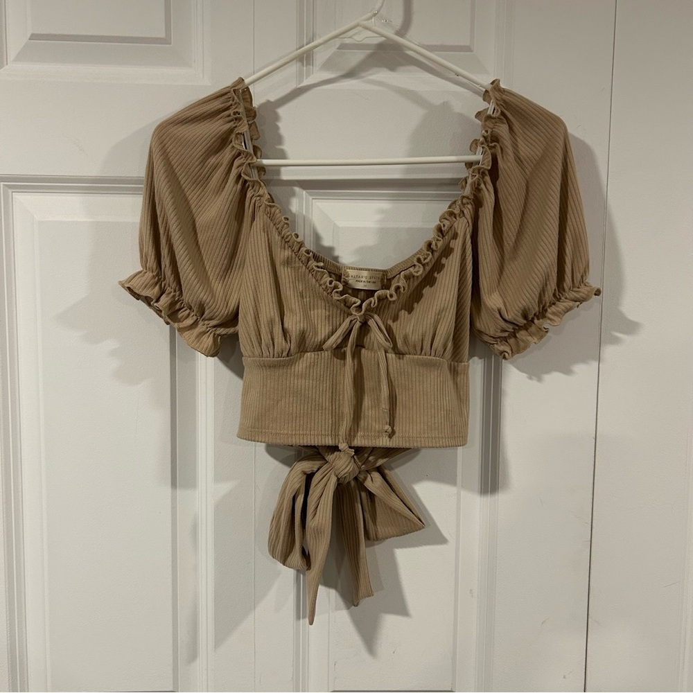 Altar'd State Tan Cropped Ruffle Blouse with Tie Bow Back Size M